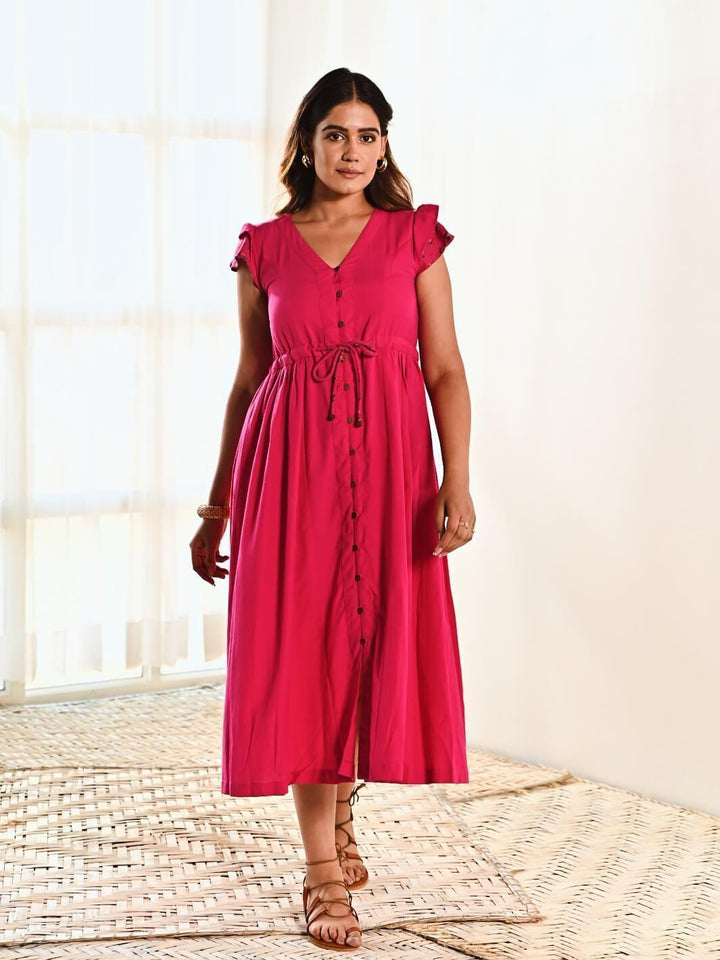 Fuchsia Cotton Long Shirt Dress - Moontara