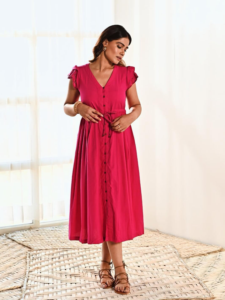 Fuchsia Cotton Long Shirt Dress - Moontara