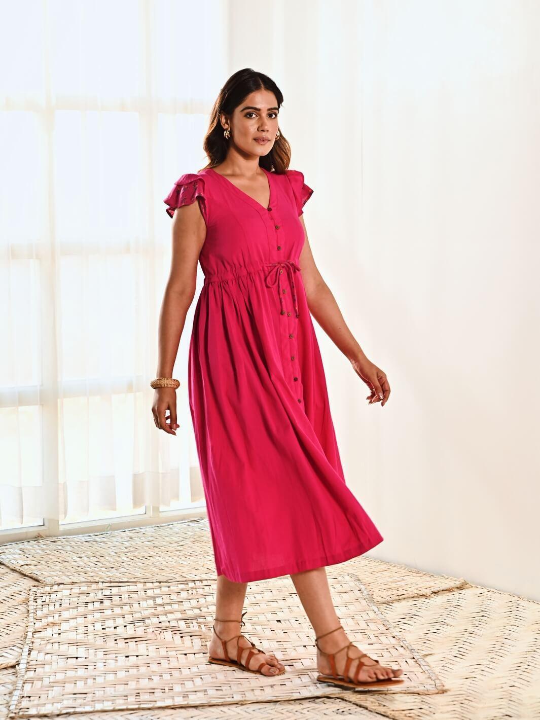 Fuchsia Cotton Long Shirt Dress - Moontara