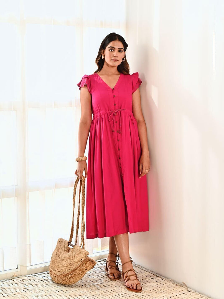 Fuchsia Cotton Long Shirt Dress - Moontara