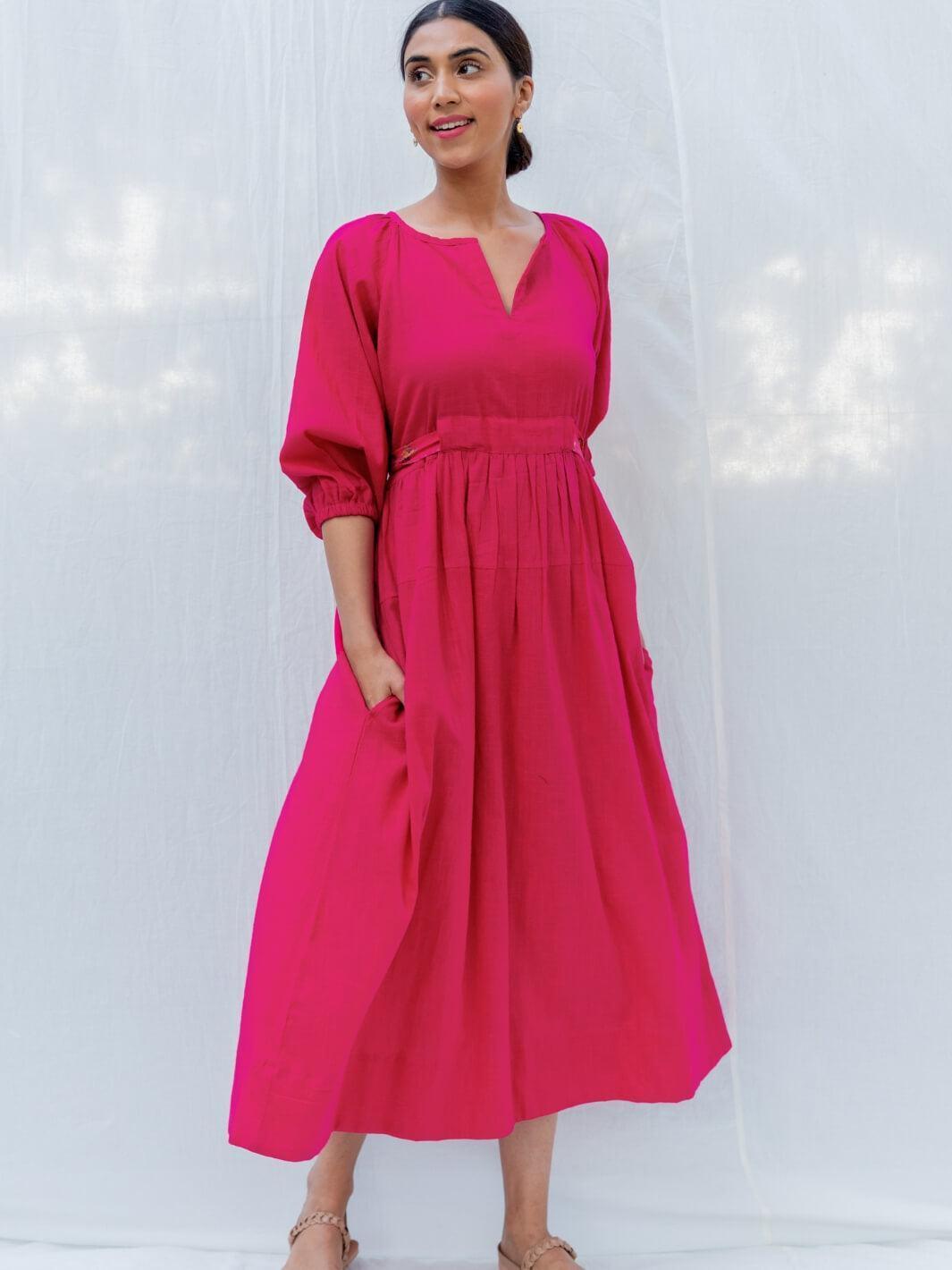 Fuchsia Long Cotton Maxi Dress with Belt - Moontara