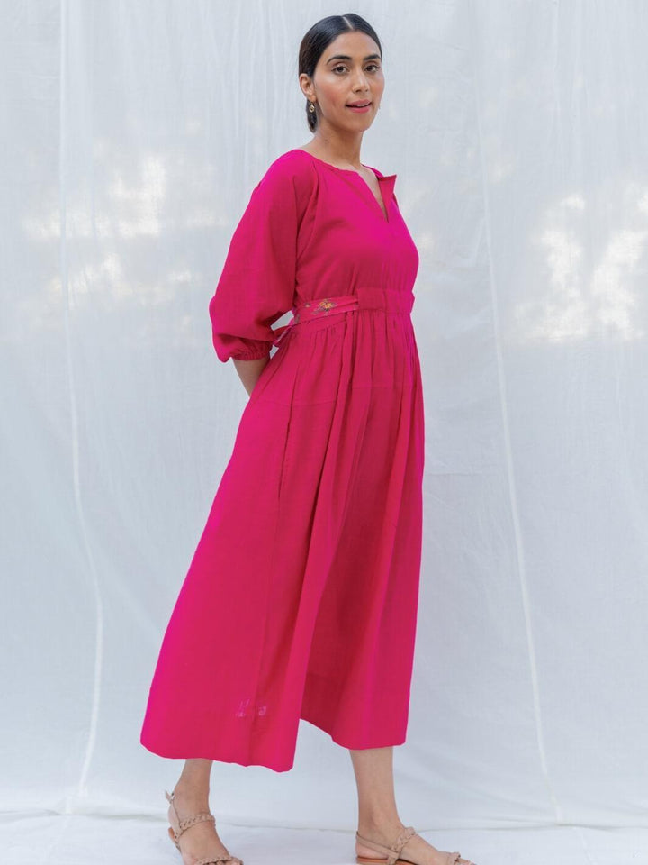 Fuchsia Long Cotton Maxi Dress with Belt - Moontara