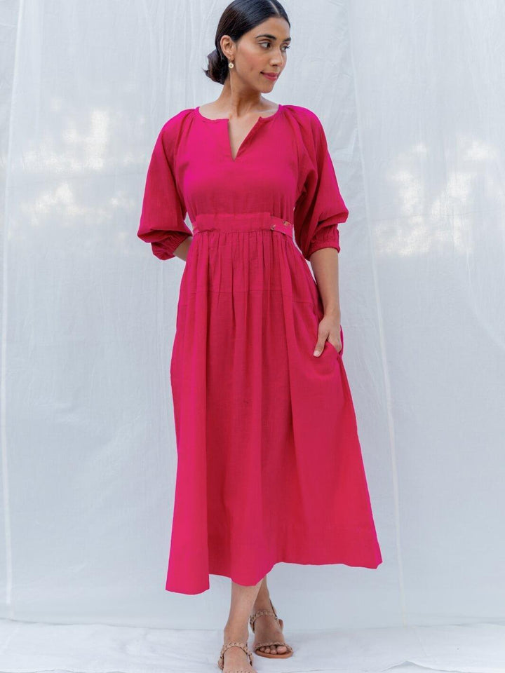 Fuchsia Long Cotton Maxi Dress with Belt - Moontara