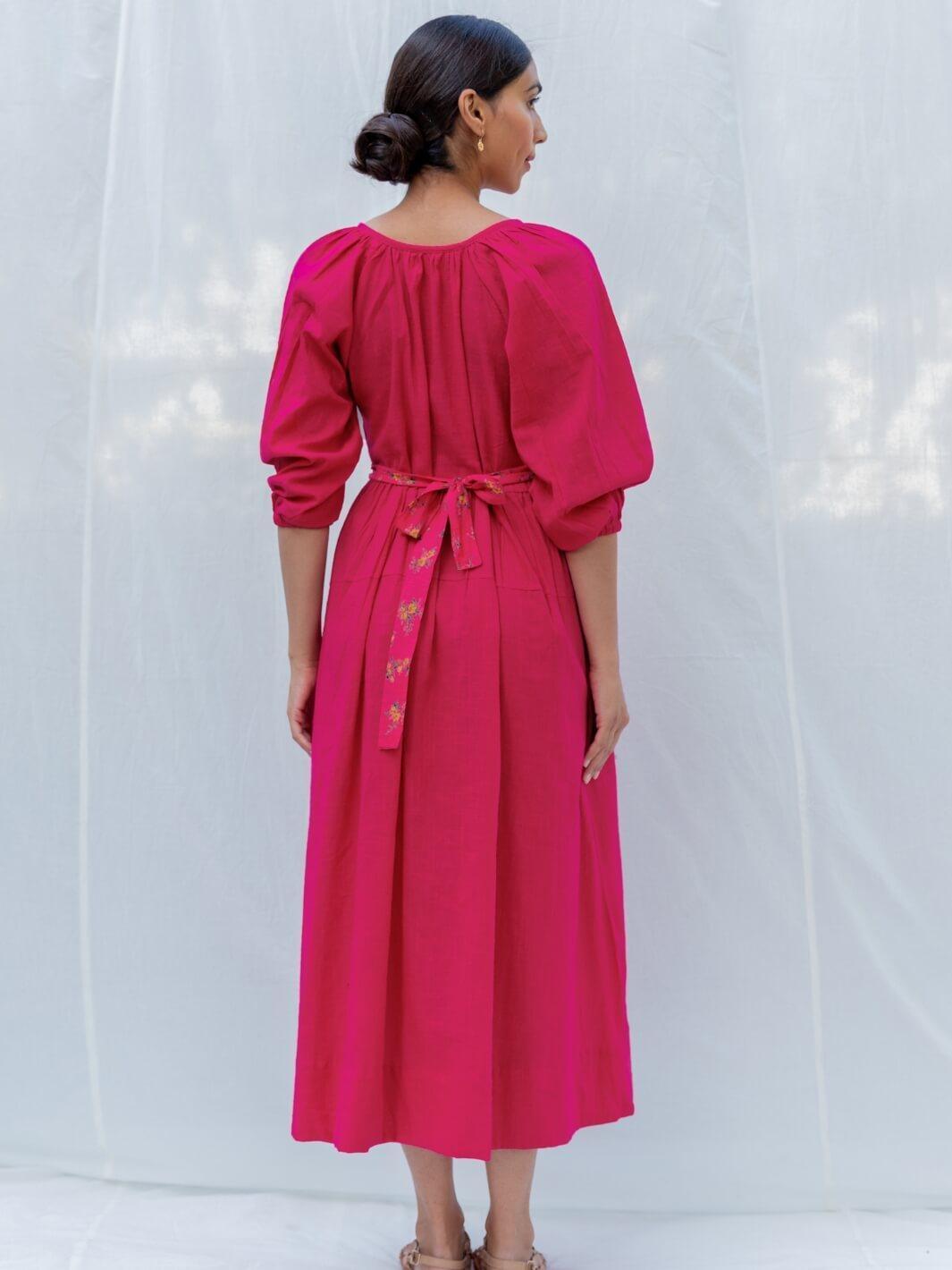 Fuchsia Long Cotton Maxi Dress with Belt - Moontara