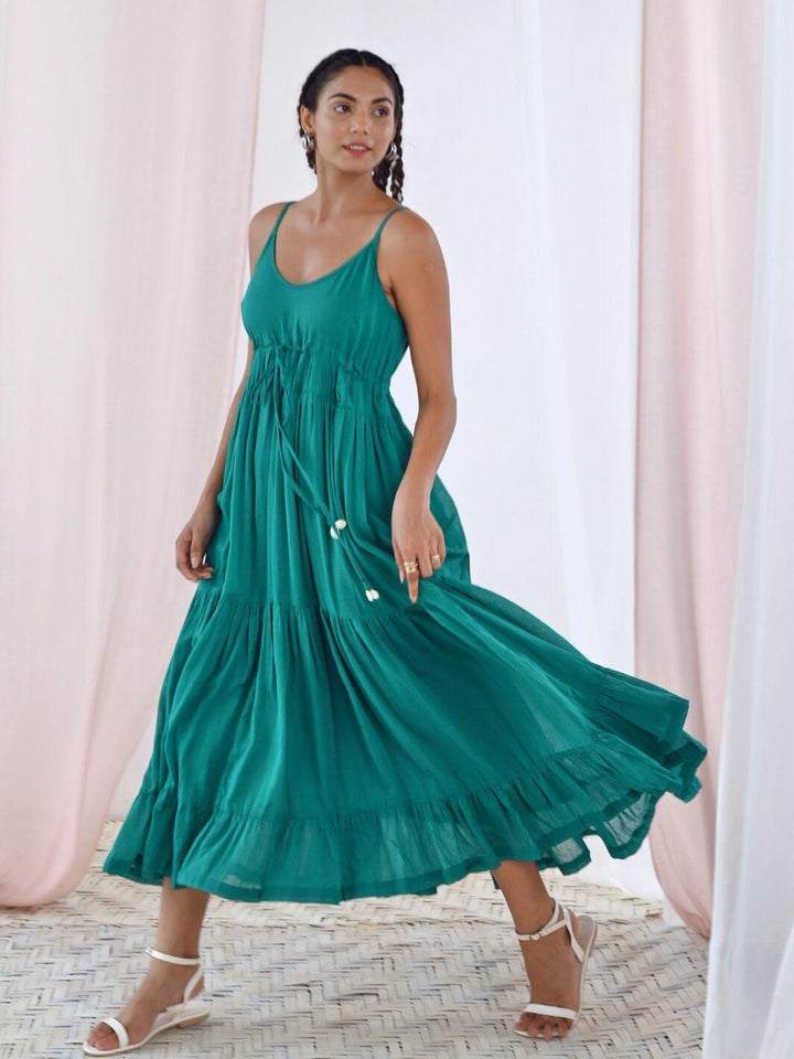 Green Cotton Voile Flared Maxi Dress - Moontara