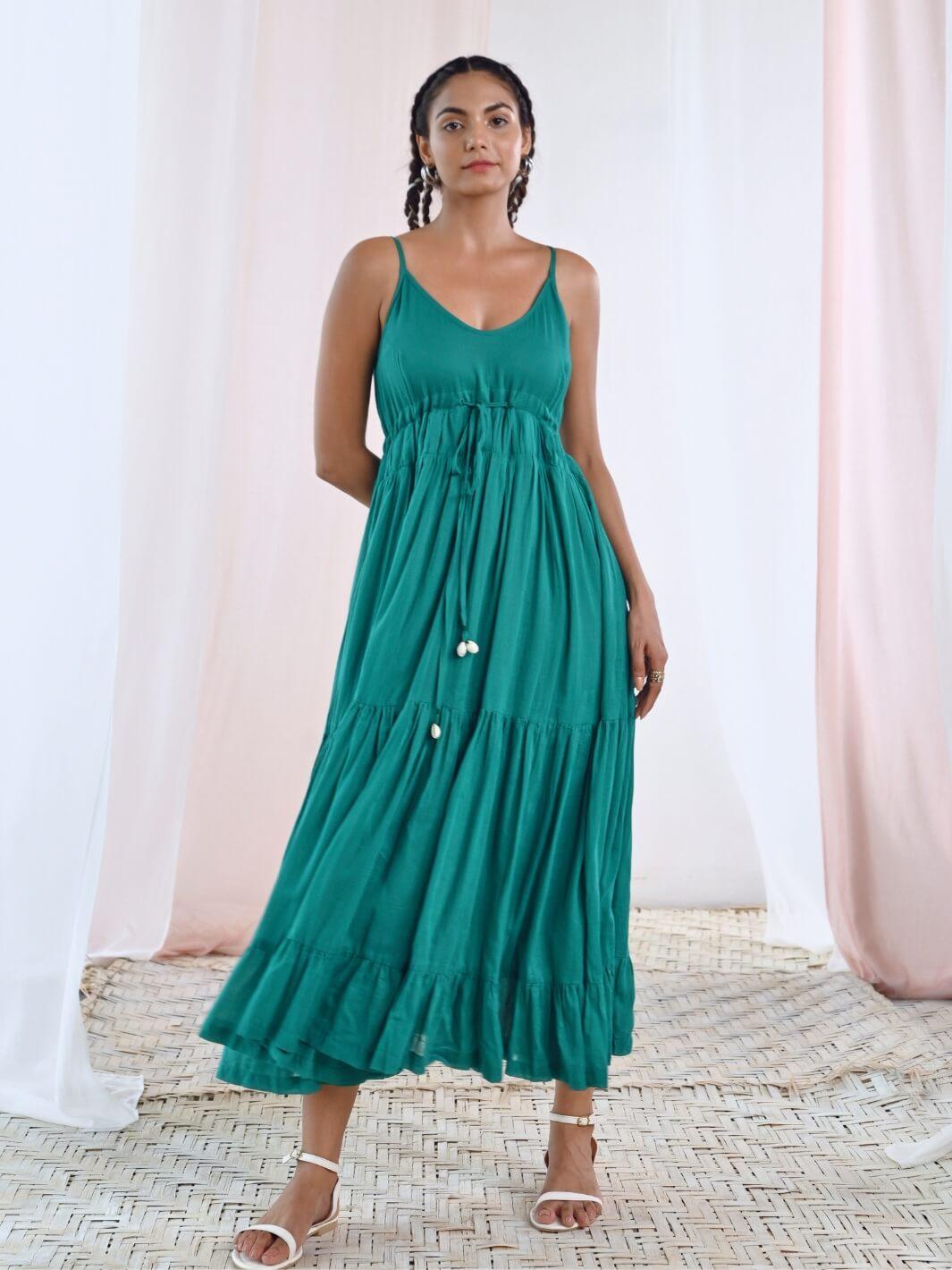 Green Cotton Voile Flared Maxi Dress - Moontara