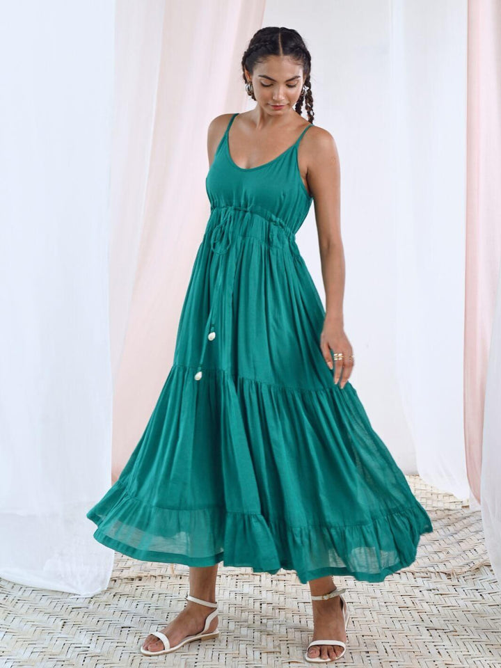 Green Cotton Voile Flared Maxi Dress - Moontara