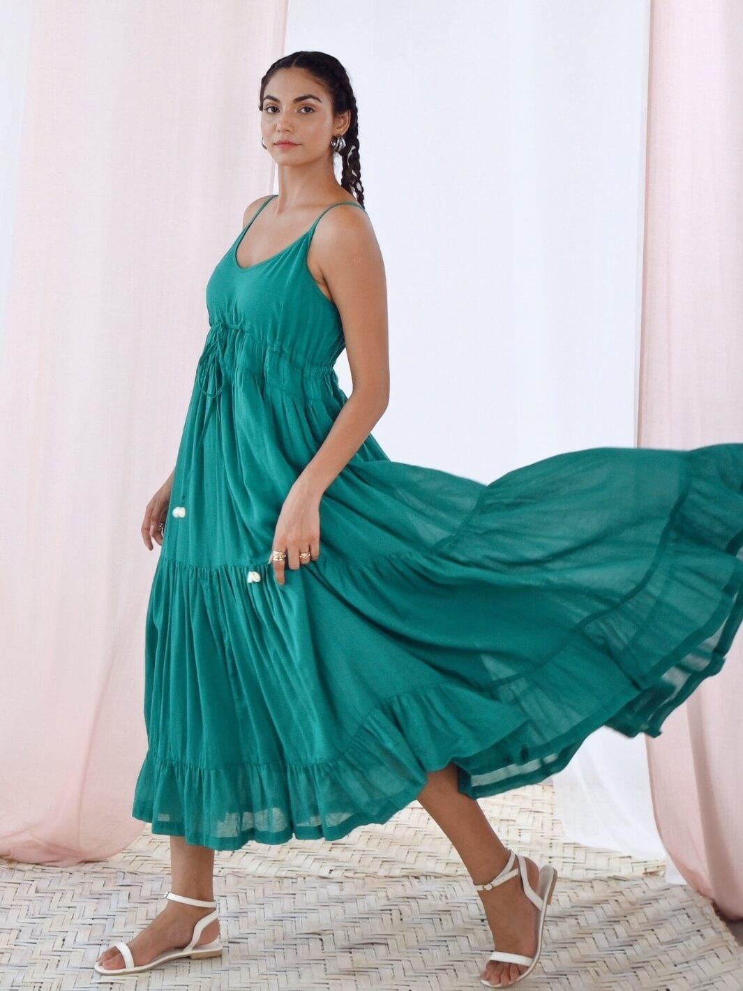 Green Cotton Voile Flared Maxi Dress - Moontara