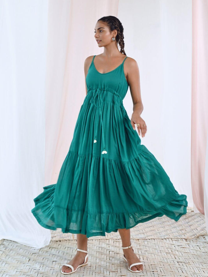 Green Cotton Voile Flared Maxi Dress - Moontara