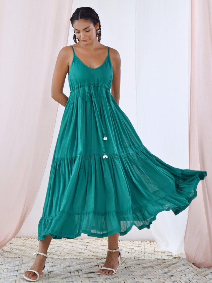 Green Cotton Voile Flared Maxi Dress - Moontara