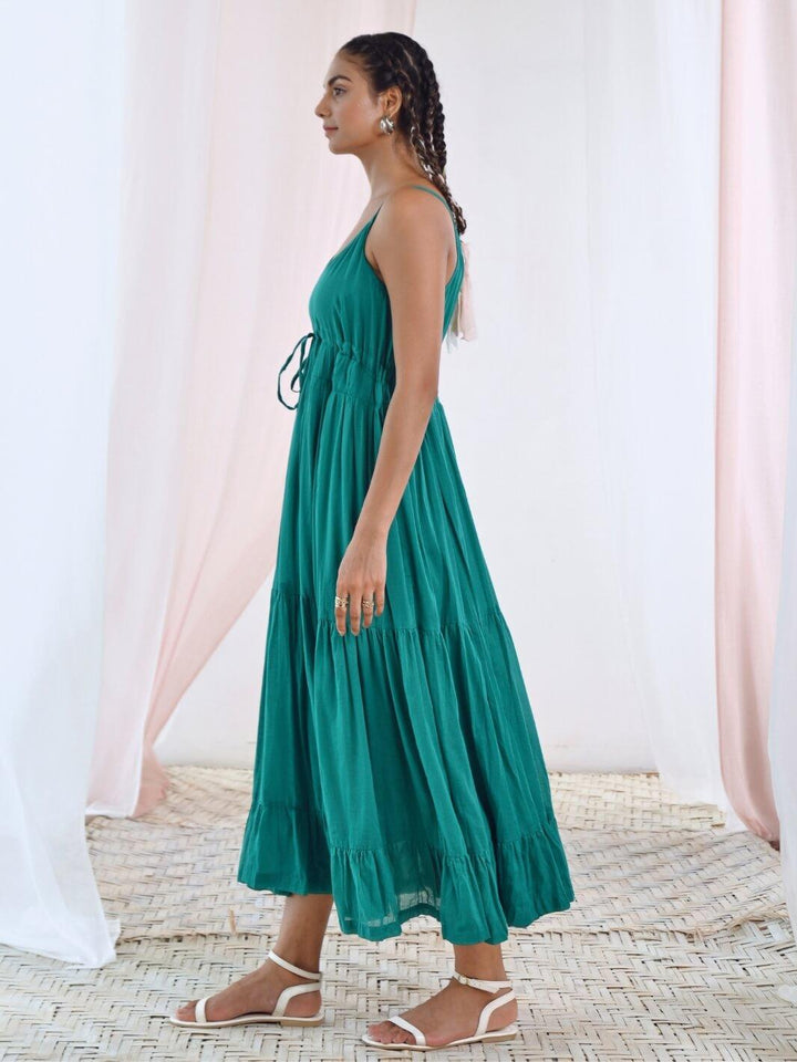 Green Cotton Voile Flared Maxi Dress - Moontara