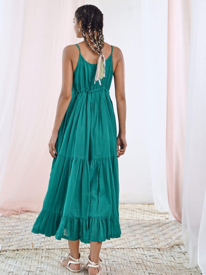 Green Cotton Voile Flared Maxi Dress - Moontara