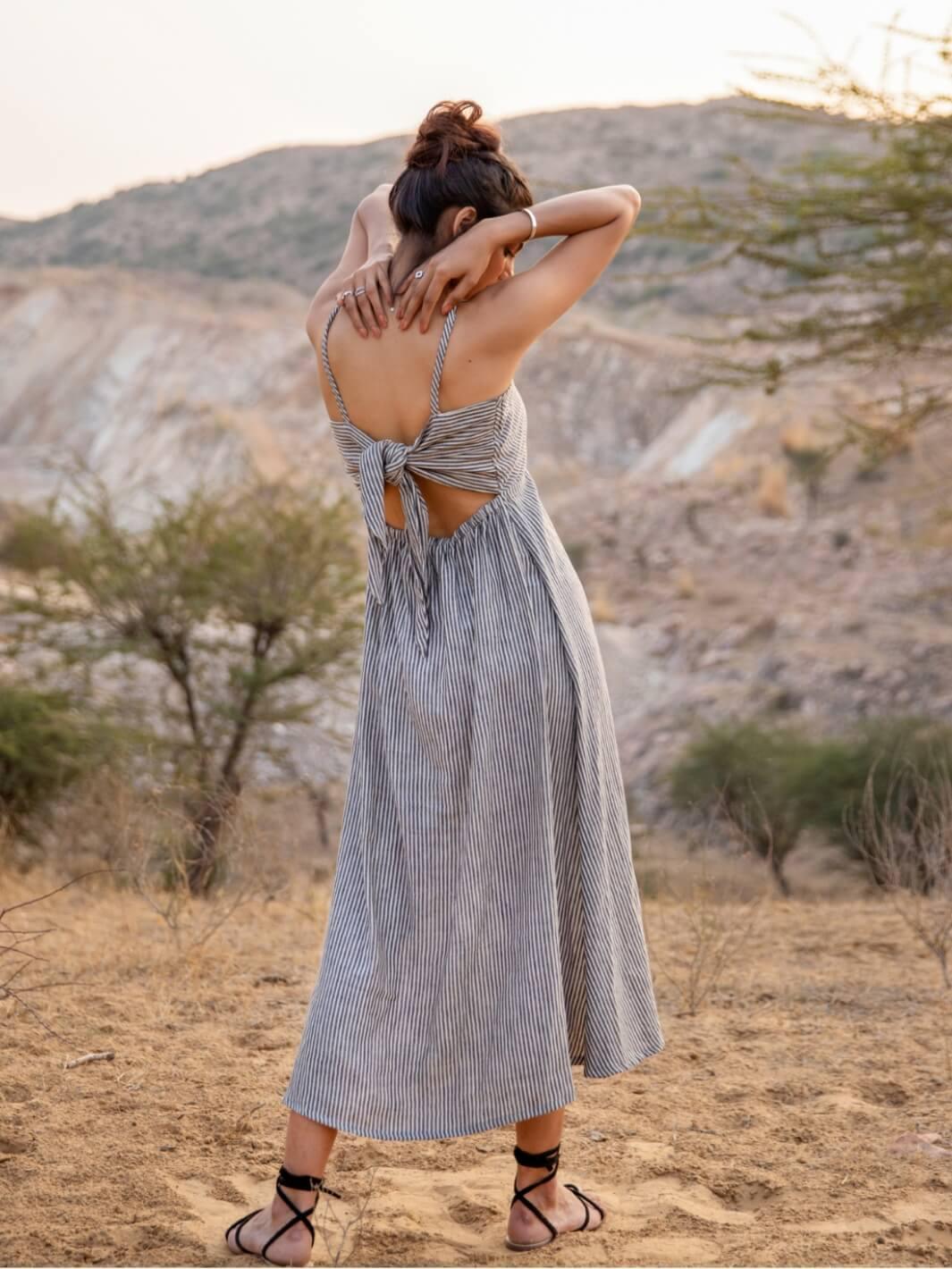 Grey Stripes Cotton Maxi Slip Dress - Moontara