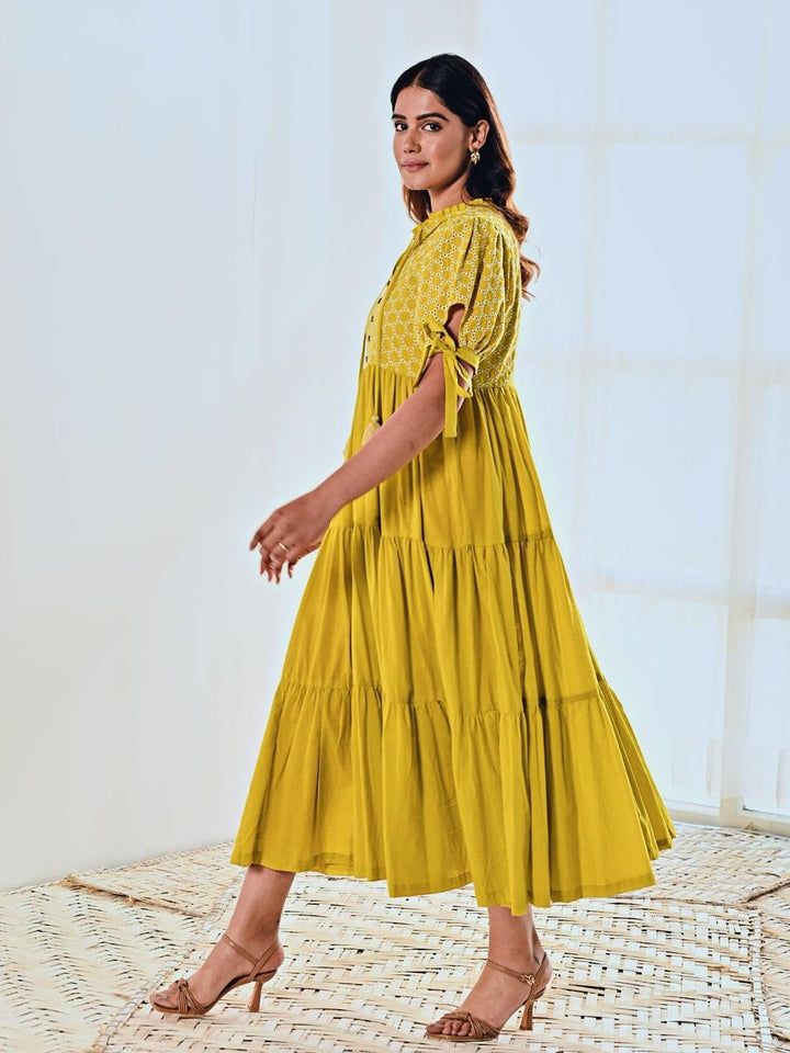 Lemon Cotton Embroidered Maxi Long Dress - Moontara