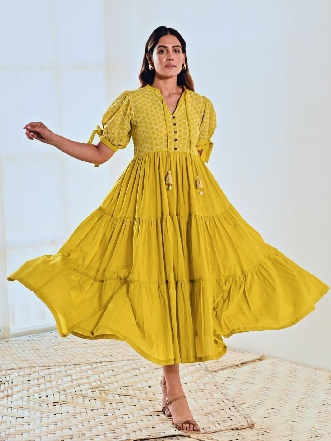 Lemon Cotton Embroidered Maxi Long Dress - Moontara