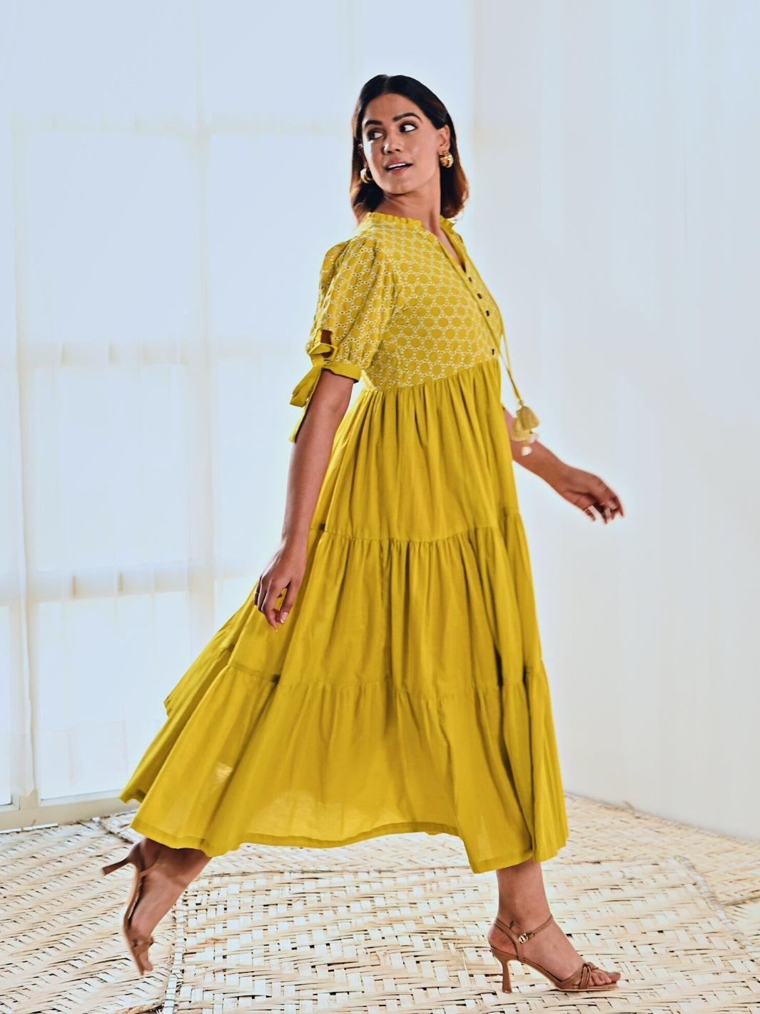 Lemon Cotton Embroidered Maxi Long Dress - Moontara