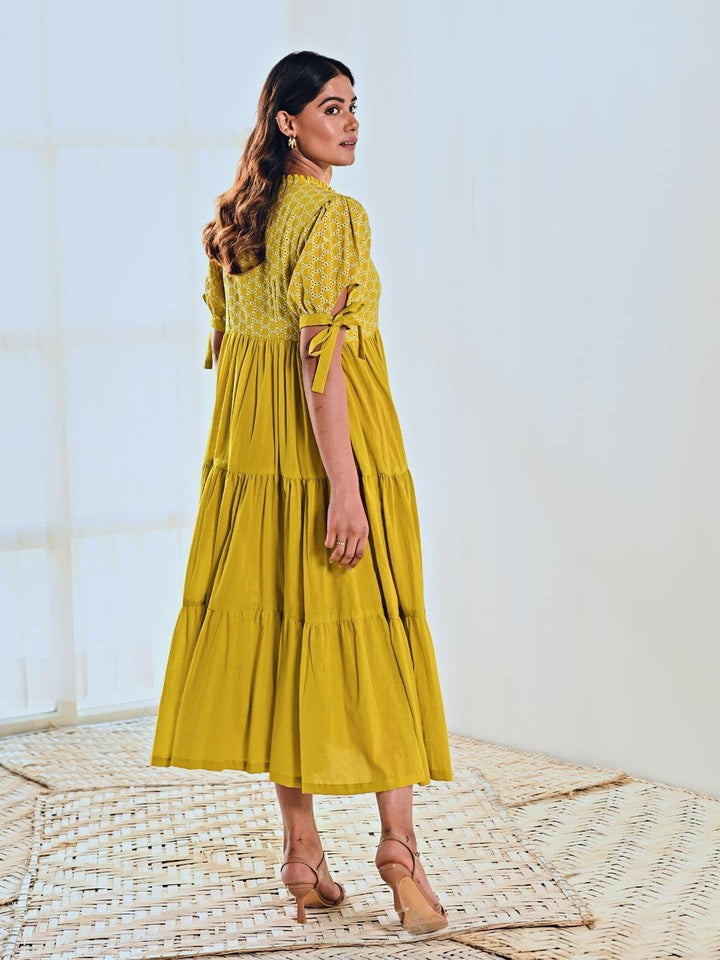 Lemon Cotton Embroidered Maxi Long Dress - Moontara