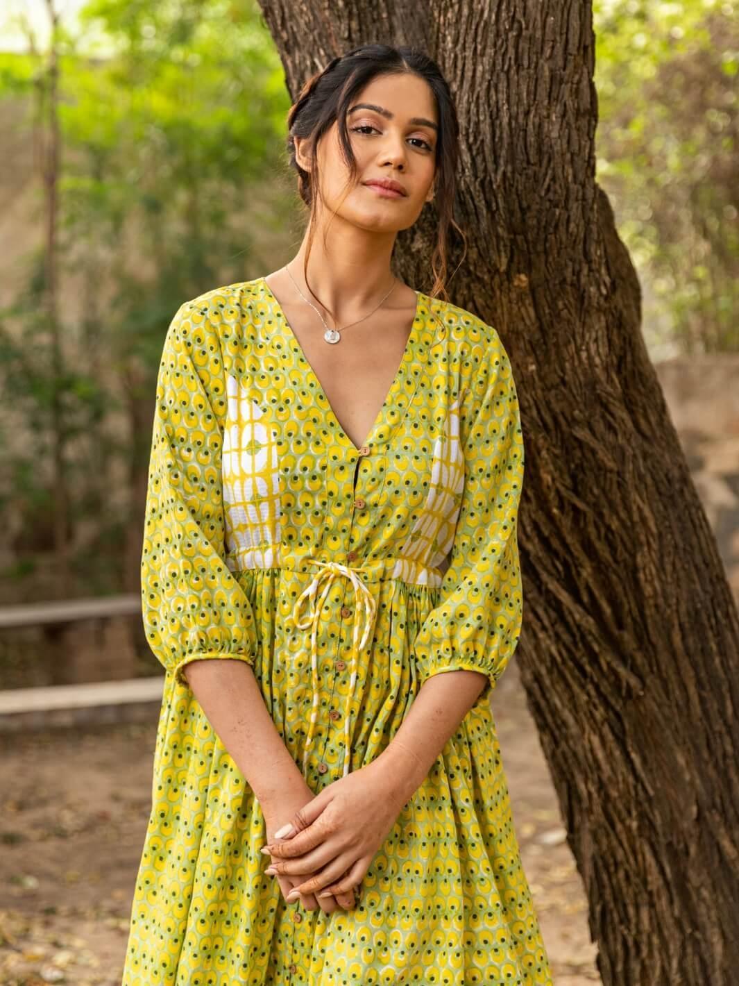 Lime & Yellow Handblock Print Long Cotton Maxi Dress - Moontara