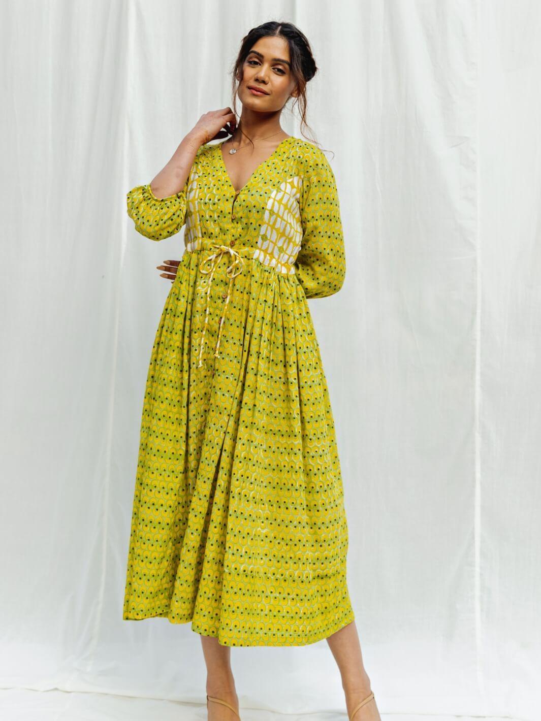 Lime & Yellow Handblock Print Long Cotton Maxi Dress - Moontara