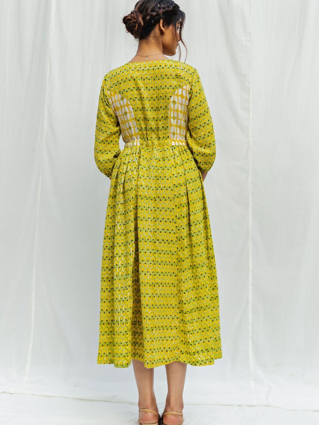 Lime & Yellow Handblock Print Long Cotton Maxi Dress - Moontara