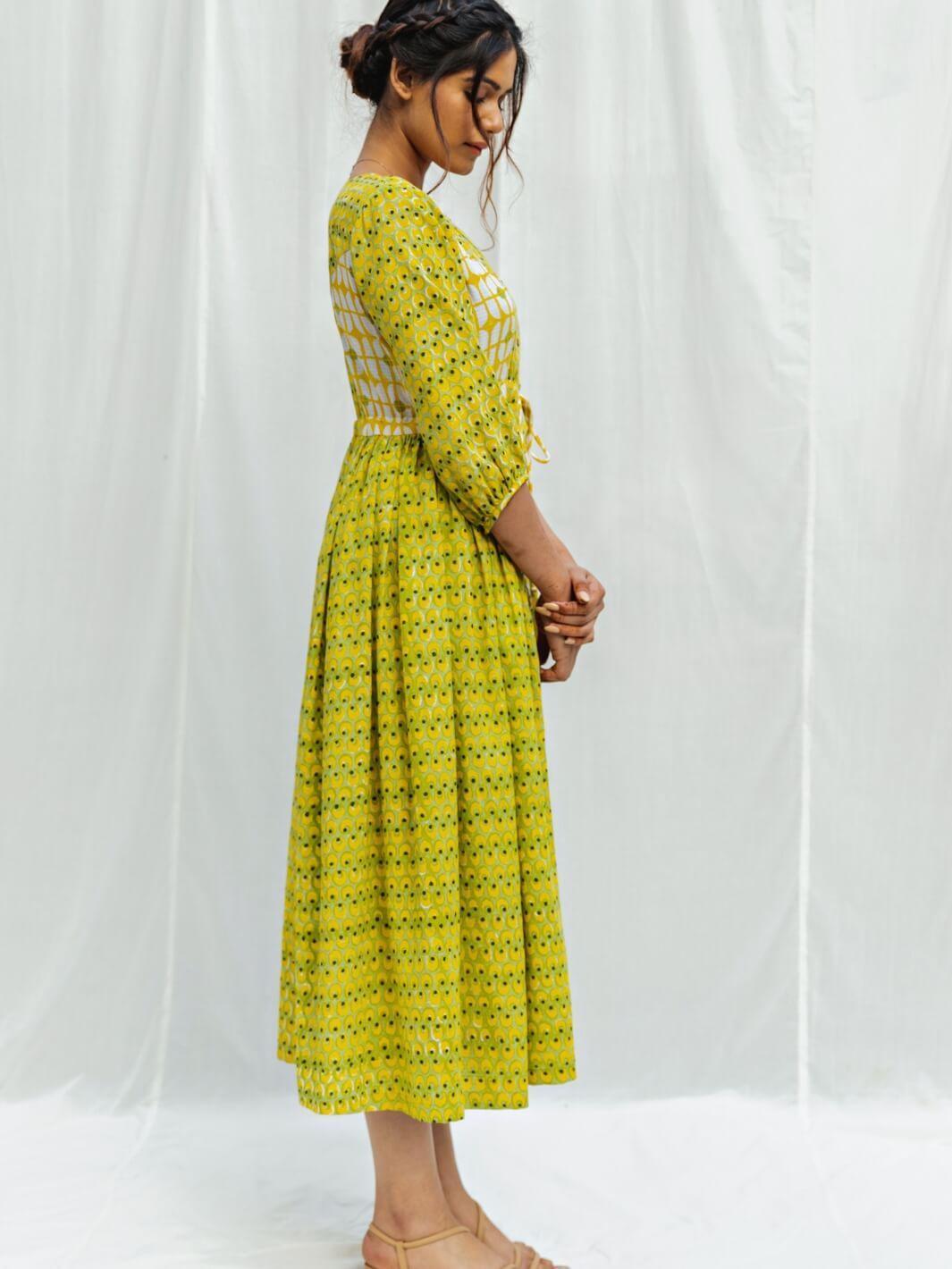 Lime & Yellow Handblock Print Long Cotton Maxi Dress - Moontara