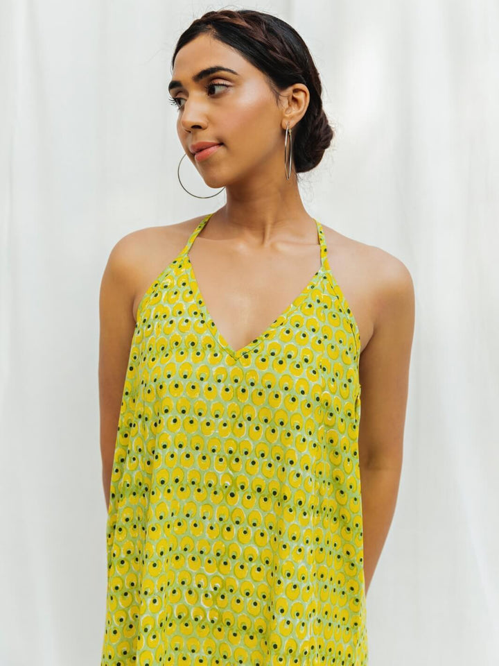 Lime Handblock Print Long Cotton Slip Dress - Moontara