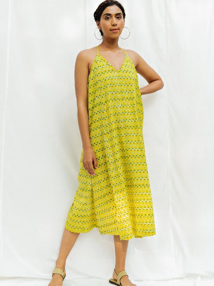 Lime Handblock Print Long Cotton Slip Dress - Moontara