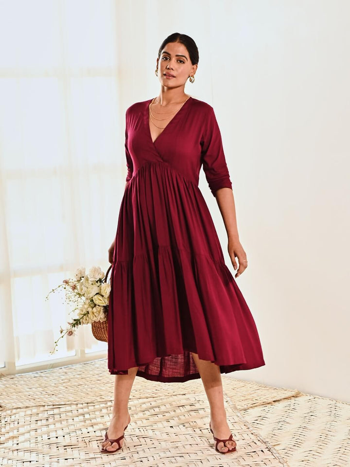 Maroon Cotton V neck Maxi Long Dress - Moontara