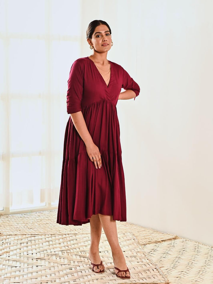 Maroon Cotton V neck Maxi Long Dress - Moontara