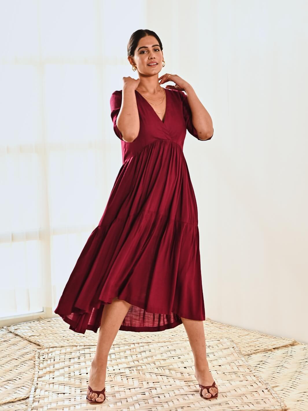 Maroon Cotton V neck Maxi Long Dress - Moontara