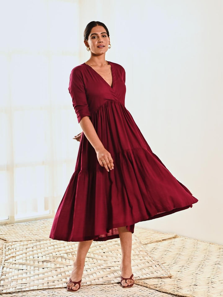 Maroon Cotton V neck Maxi Long Dress - Moontara