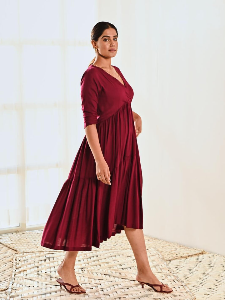 Maroon Cotton V neck Maxi Long Dress - Moontara