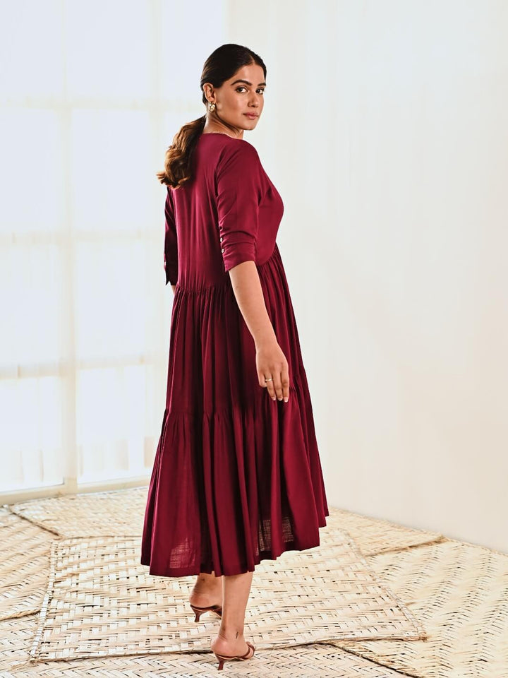 Maroon Cotton V neck Maxi Long Dress - Moontara