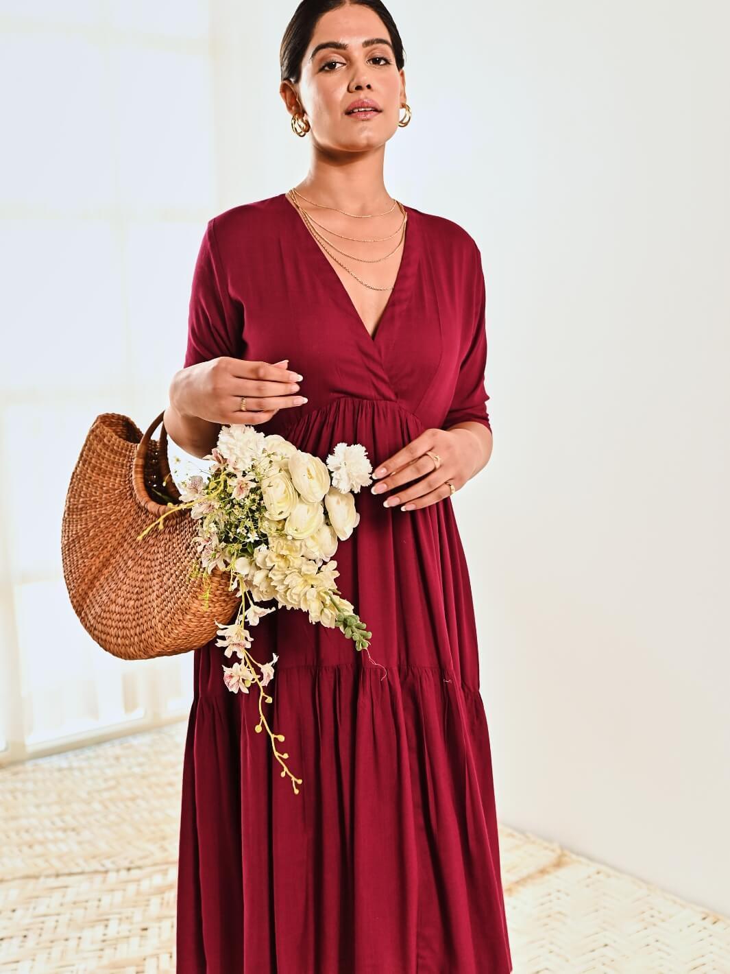 Maroon Cotton V neck Maxi Long Dress - Moontara