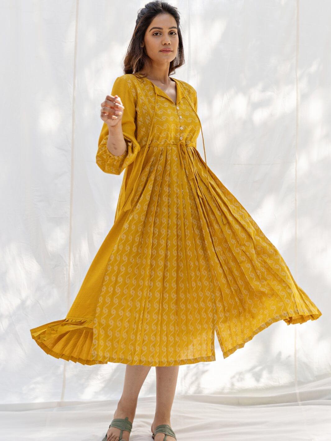 Mustard Yellow Long Cotton Midi Dress - Moontara