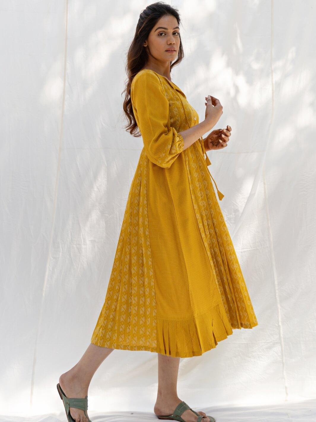 Mustard Yellow Long Cotton Midi Dress - Moontara