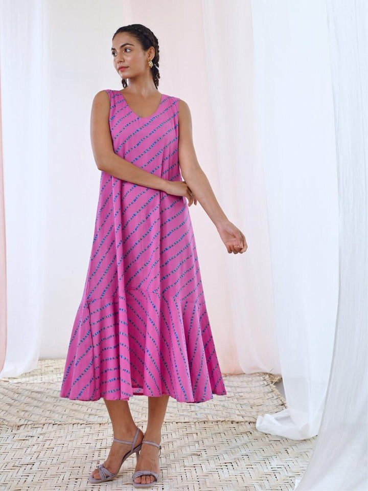 Pink A-Line Printed Sleeveless Cotton Dress - Moontara