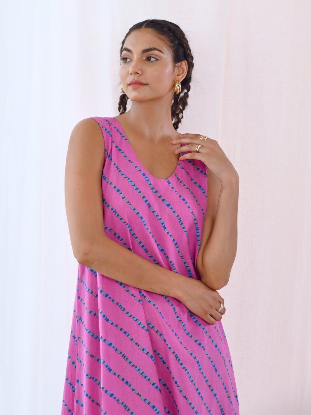 Pink A-Line Printed Sleeveless Cotton Dress - Moontara