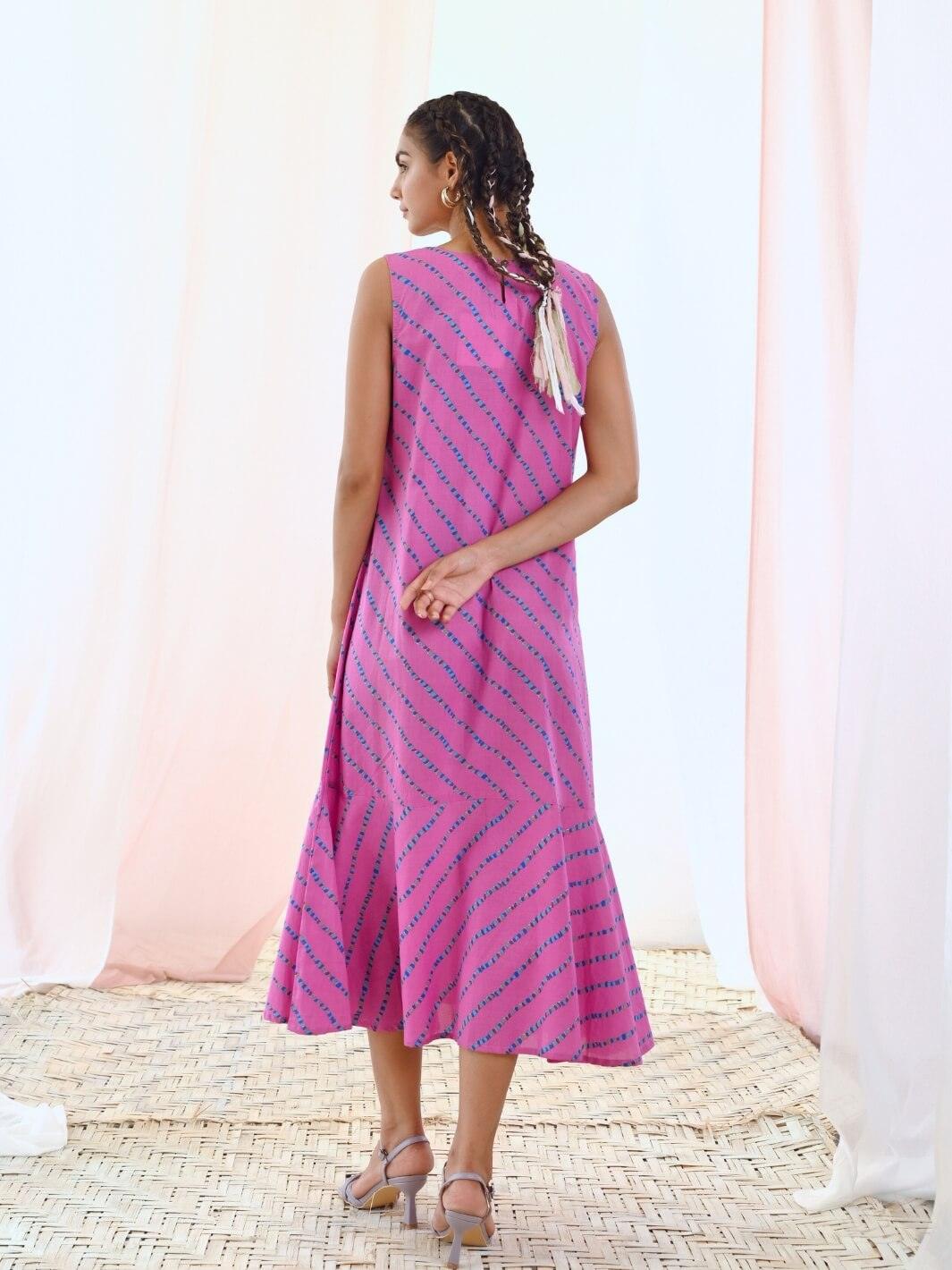 Pink A-Line Printed Sleeveless Cotton Dress - Moontara