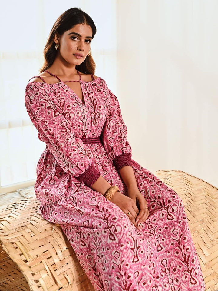 Pink Cotton Ikat Print Cold Shoulder Long Dress - Moontara