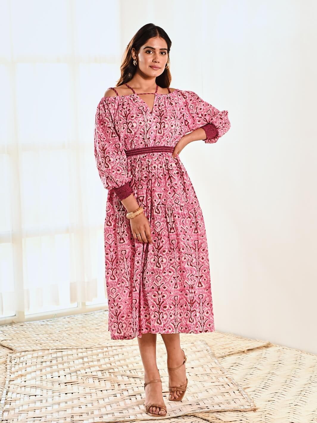 Pink Cotton Ikat Print Cold Shoulder Long Dress - Moontara