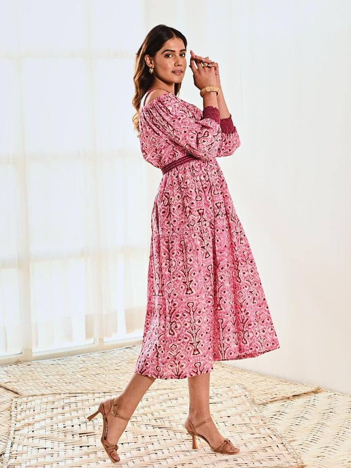 Pink Cotton Ikat Print Cold Shoulder Long Dress - Moontara