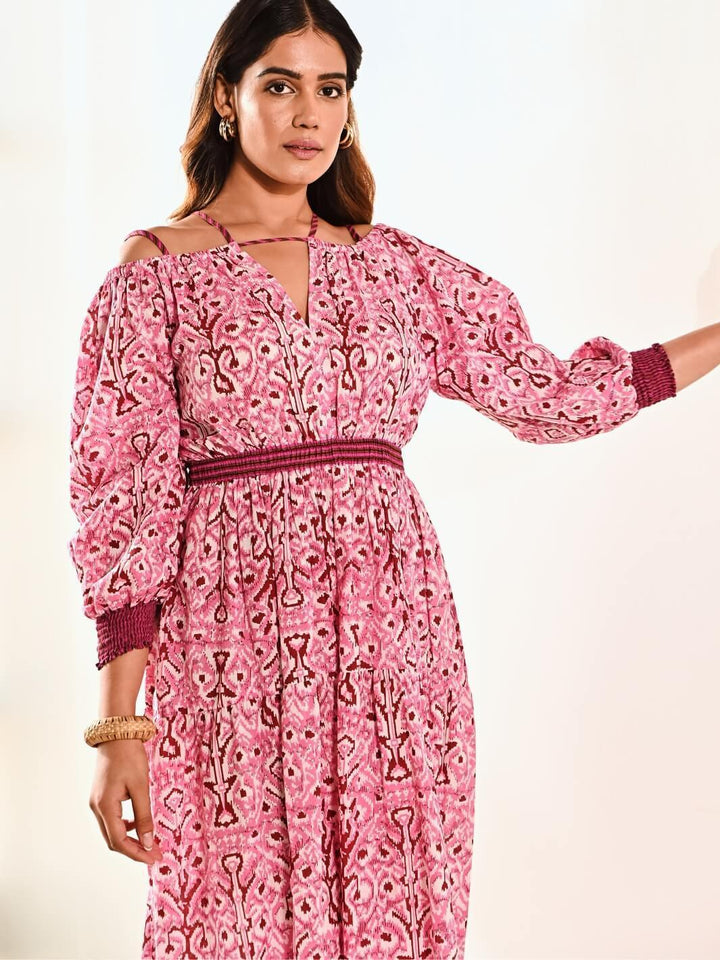 Pink Cotton Ikat Print Cold Shoulder Long Dress - Moontara