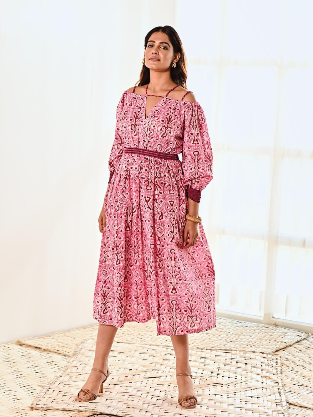 Pink Cotton Ikat Print Cold Shoulder Long Dress - Moontara