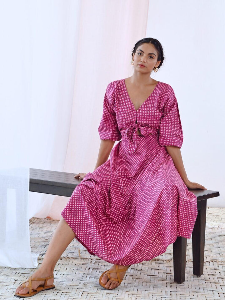 Pink Cotton Maxi Floral Dress with Balloon Sleeves - Moontara