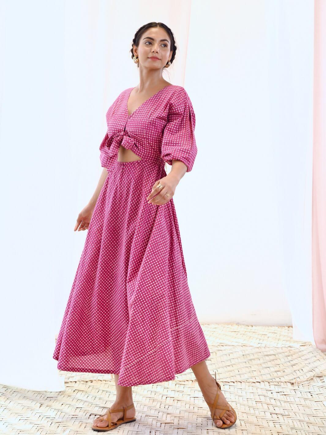 Pink Cotton Maxi Floral Dress with Balloon Sleeves - Moontara