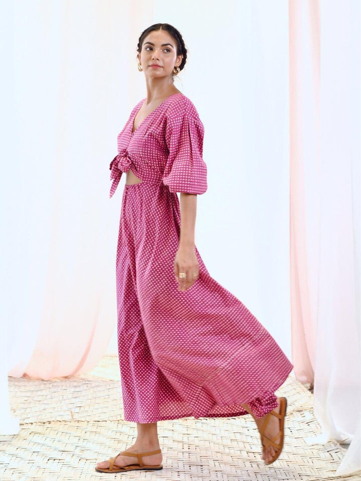 Pink Cotton Maxi Floral Dress with Balloon Sleeves - Moontara