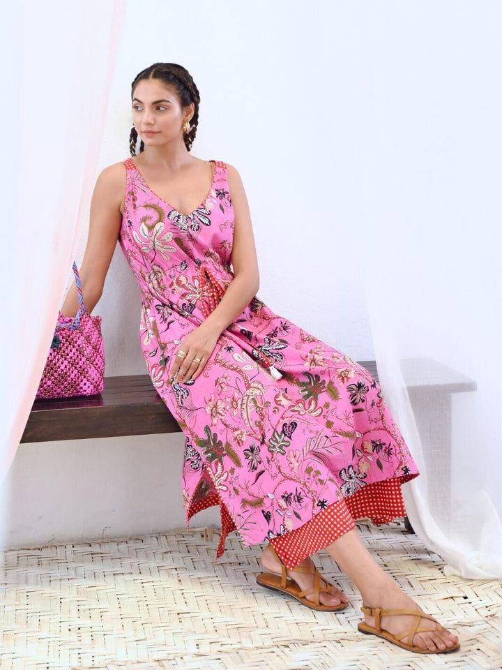 Pink Cotton Printed Floral Slip Dress - Moontara