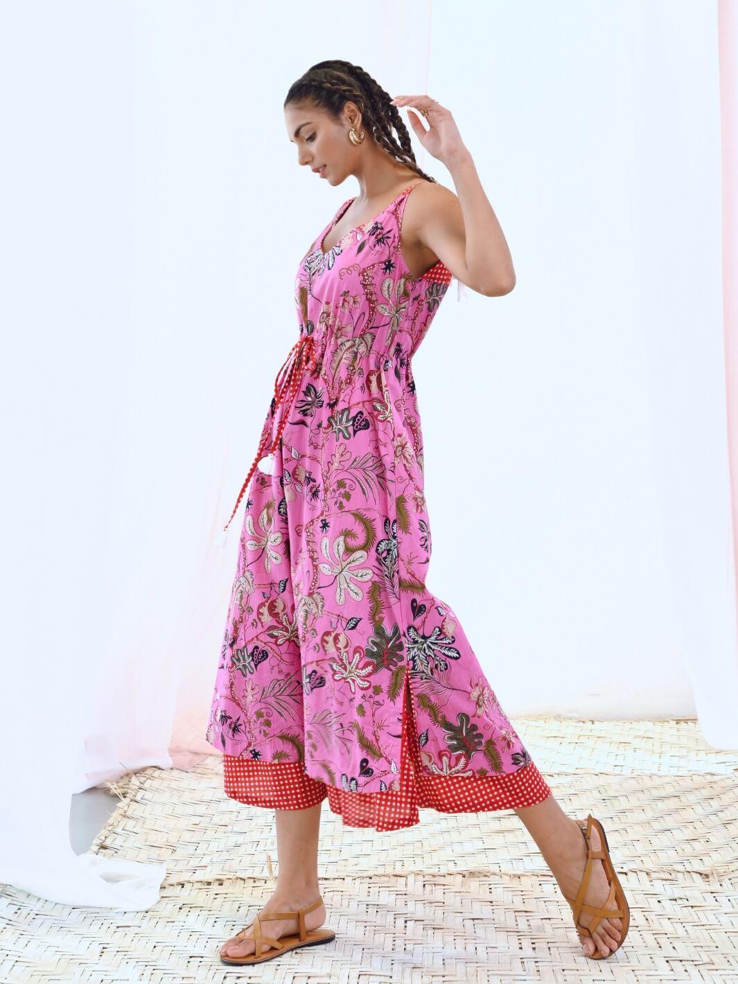 Pink Cotton Printed Floral Slip Dress - Moontara