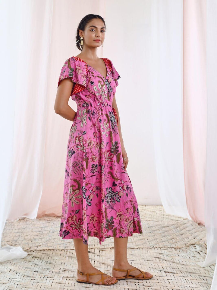 Pink Cotton Printed Floral Wrap Dress - Moontara